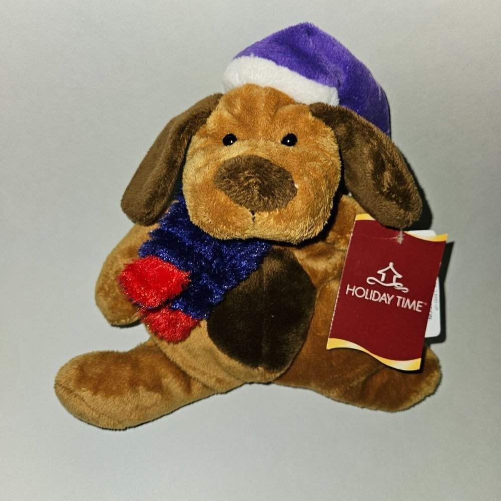 Brown Puppy Dog Plush Purple Snowflake Hat Stuffed Toy Holiday Christmas w/TAG